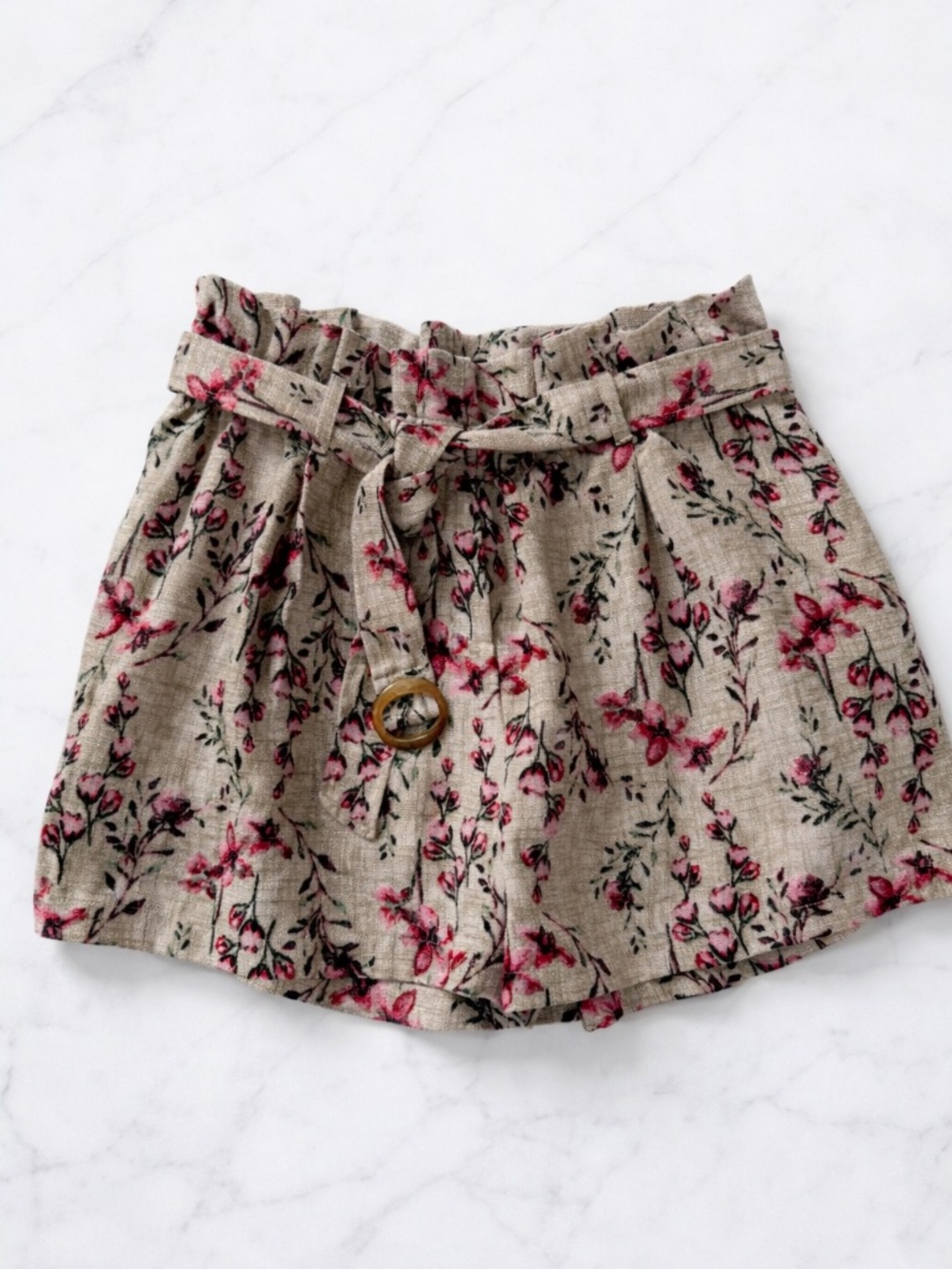 Papaya Floral Paperbag Waist Shorts with Belt & Pockets – Fits Size S/M